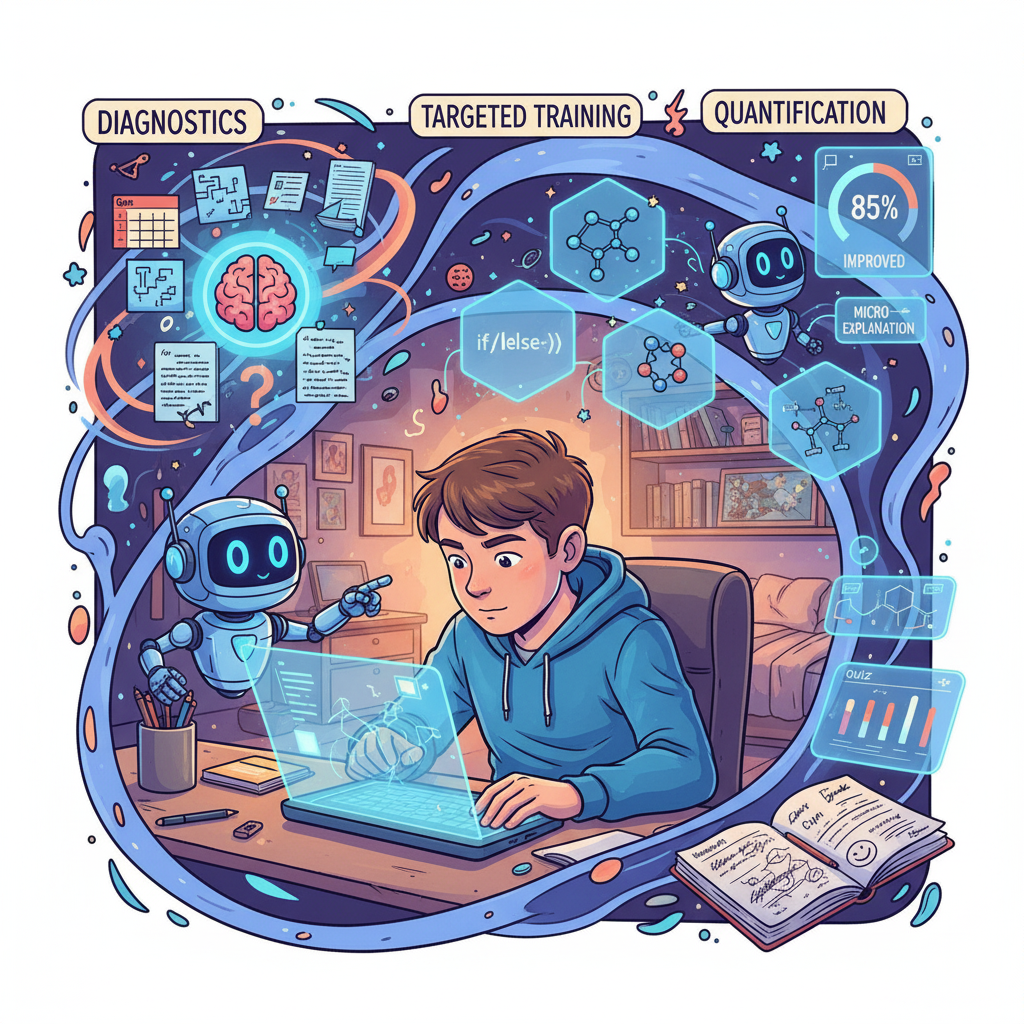 This comic-style image depicts a student intently engaging in a personalized study session at his desk. He is using a holographic tablet interface that displays complex technical data related to the subject matter. Crucially, a small AI robot-copilot is floating nearby, actively participating in the learning process by providing feedback and guidance. The overall scene illustrates focused human-AI collaboration where the technology acts as a responsive tutor, adapting to the student's individual learning needs.