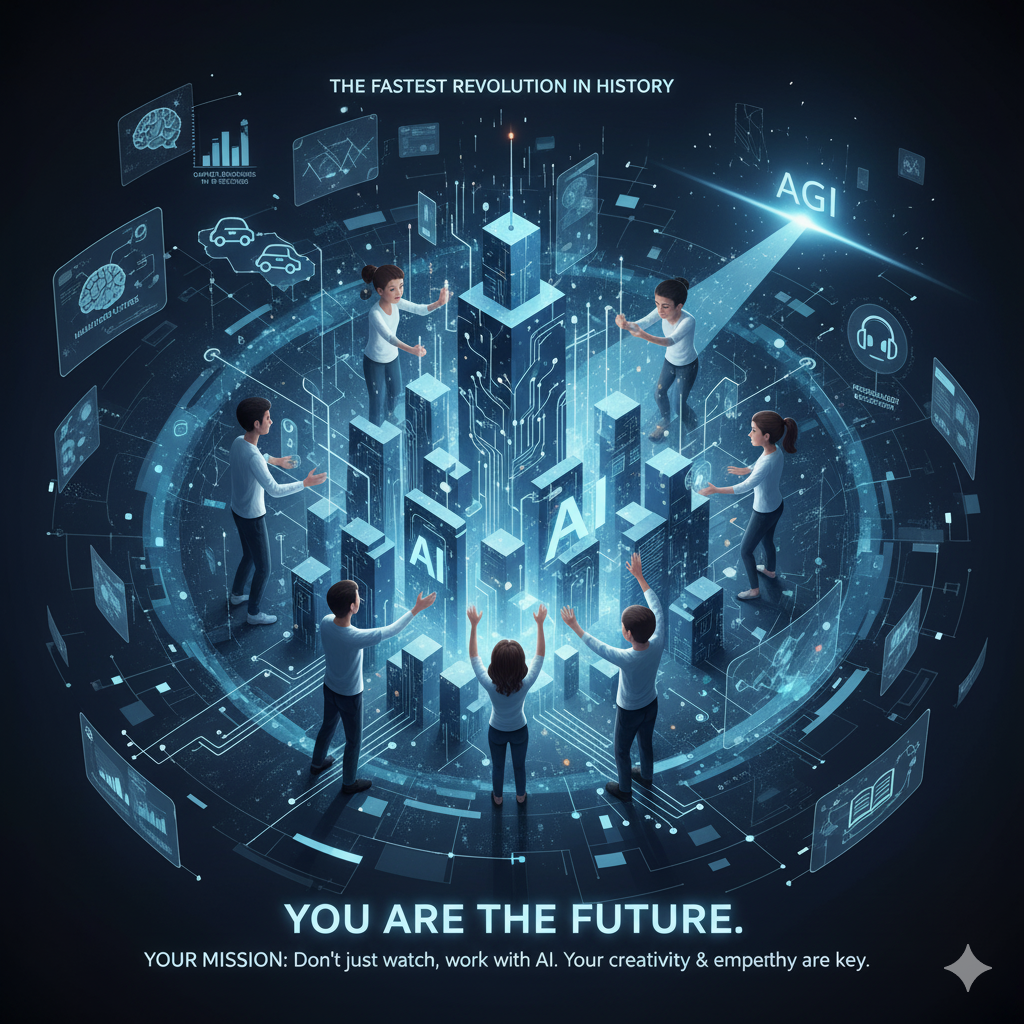 The image presents an abstract, futuristic cityscape built from interconnected glowing circuits, symbolizing the rapid advancement of AI. Several young people (students) are actively engaging with this evolving city, appearing to construct, guide, and interact with its components, which represent AI, AGI, and various technological applications. A central glowing light beam points towards "AGI," highlighting the ultimate breakthrough in artificial intelligence. The scene is encircled by a digital web of data and icons representing healthcare, autonomous vehicles, and education, reinforcing AI's pervasive impact. The overall message, "YOU ARE THE FUTURE," emphasizes that today's students are the architects of this AI-driven world.