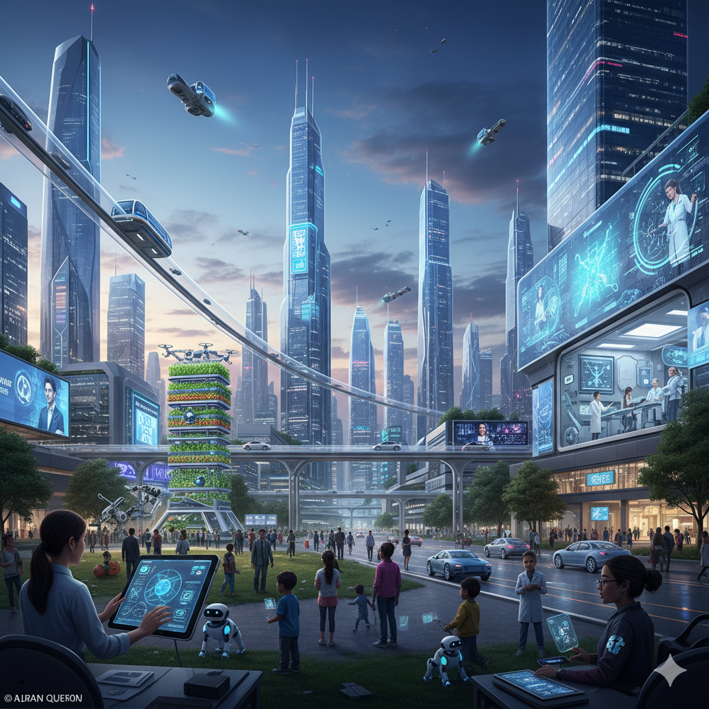 In this futuristic city, AI is deeply integrated into daily life. We see towering smart buildings and advanced transportation like flying vehicles and elevated trains. Vertical farms demonstrate AI's role in sustainable food production. People interact with holographic displays, and friendly robots are part of children's play. Overall, it's a vision of a highly technological urban environment balanced with green spaces, showcasing AI's impact across work, leisure, and infrastructure.