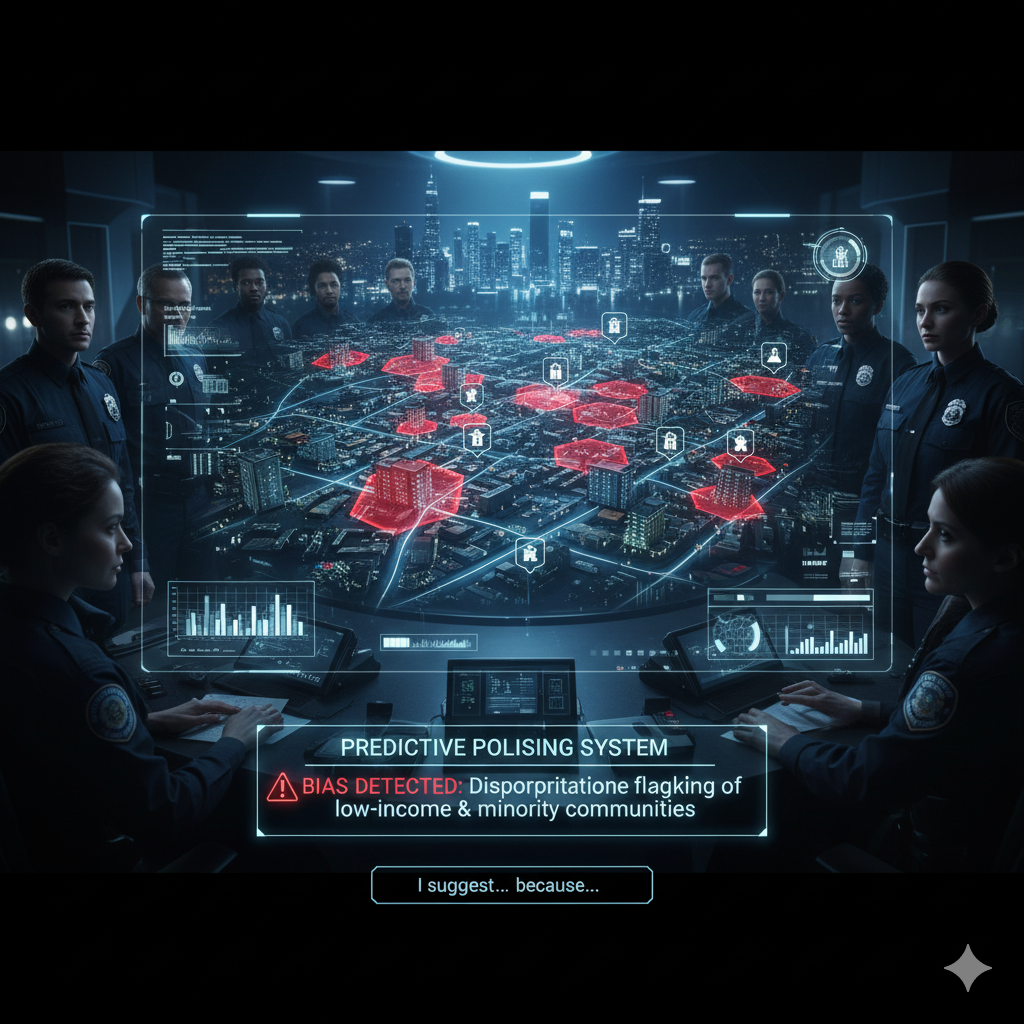 The image shows a group of police officers gathered around a large, interactive holographic map of a city, which is displaying predictive crime hotspots. Red zones are highlighted over certain areas, and a prominent warning indicates "BIAS DETECTED: Disproportionate flagging of low-income & minority communities." This visually represents the dilemma of using a statistically accurate but potentially discriminatory AI policing system.
