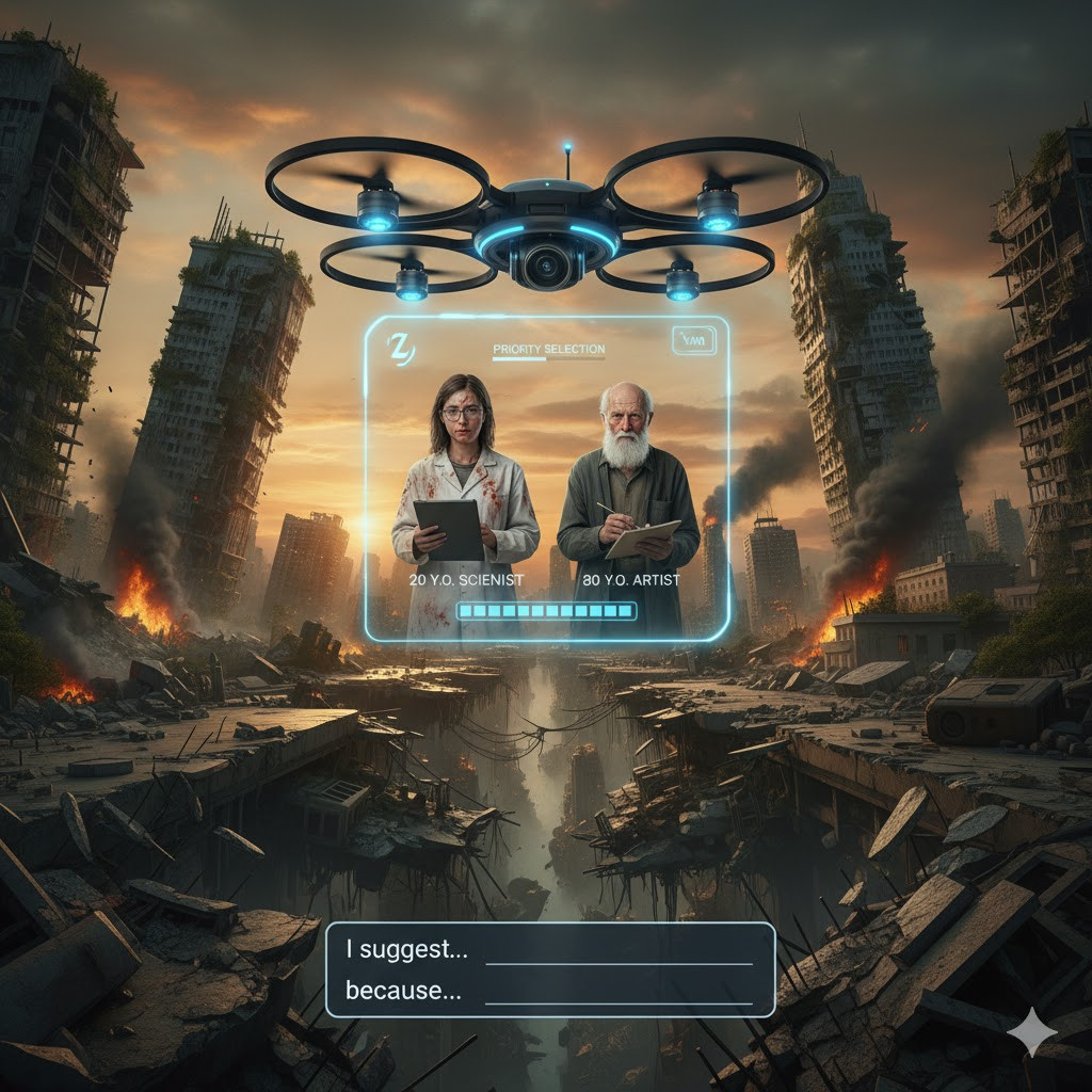 The image depicts a bleak, post-apocalyptic cityscape with ruined buildings and smoke, setting a dangerous scene. In the foreground, an autonomous drone hovers, projecting a holographic interface that presents a difficult choice. On the left is a 20-year-old scientist, and on the right, an 80-year-old artist, with a "PRIORITY SELECTION" prompt, visually encapsulating the ethical dilemma of who the drone should save with limited resources.