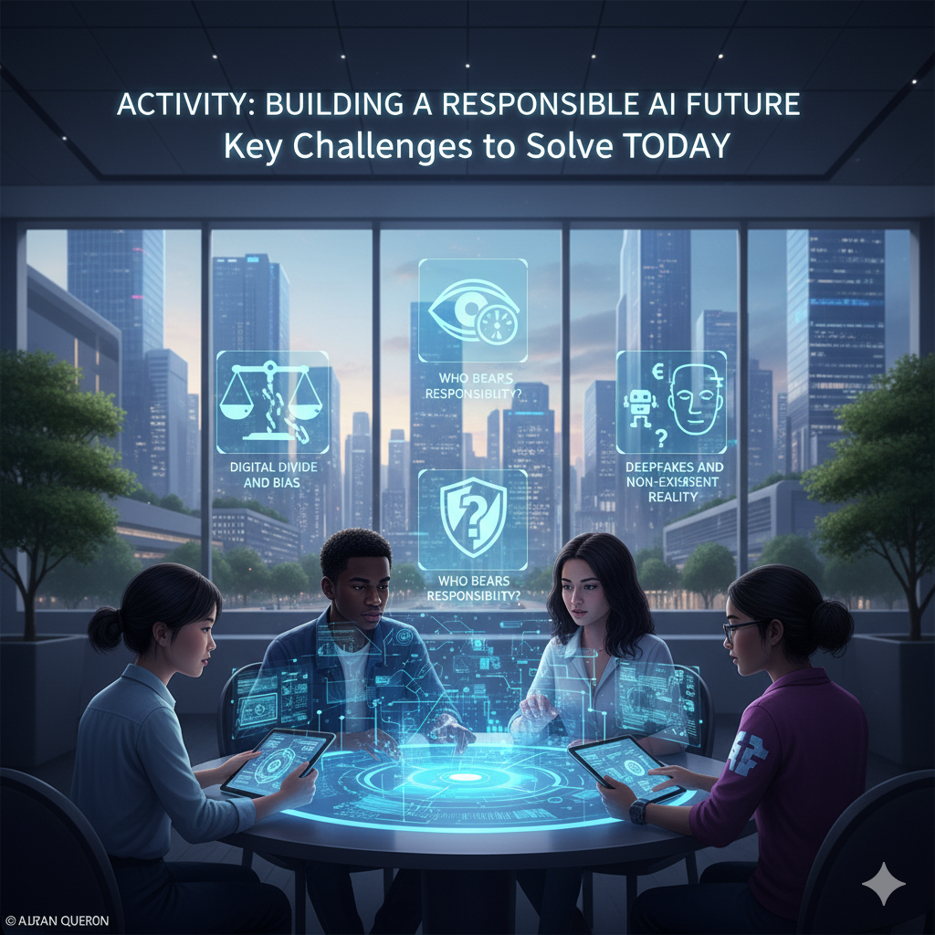 The four young individuals seated around a futuristic round table in a room with a view of a modern city skyline. The table functions as an interactive touch display, showing holographic icons and text related to AI's ethical challenges. Above their heads, floating icons represent key topics such as "Digital Divide and Bias," "Who Bears Responsibility?," and "Deepfakes and Non-Existent Reality." The entire scene emphasizes a discussion on "Building a Responsible AI Future" and addressing today's key challenges.