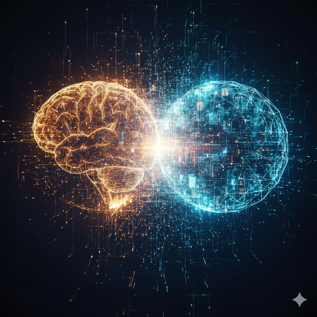 The image abstractly visualizes the connection between human and artificial intelligence. On the left, a glowing, intricate outline of a human brain in warm orange hues represents human intellect. On the right, a luminous blue sphere, resembling a digital network or a wireframe globe, embodies artificial intelligence. Both entities are connected by a bright, energetic burst of light and data streams, symbolizing their inherent and evolving link.